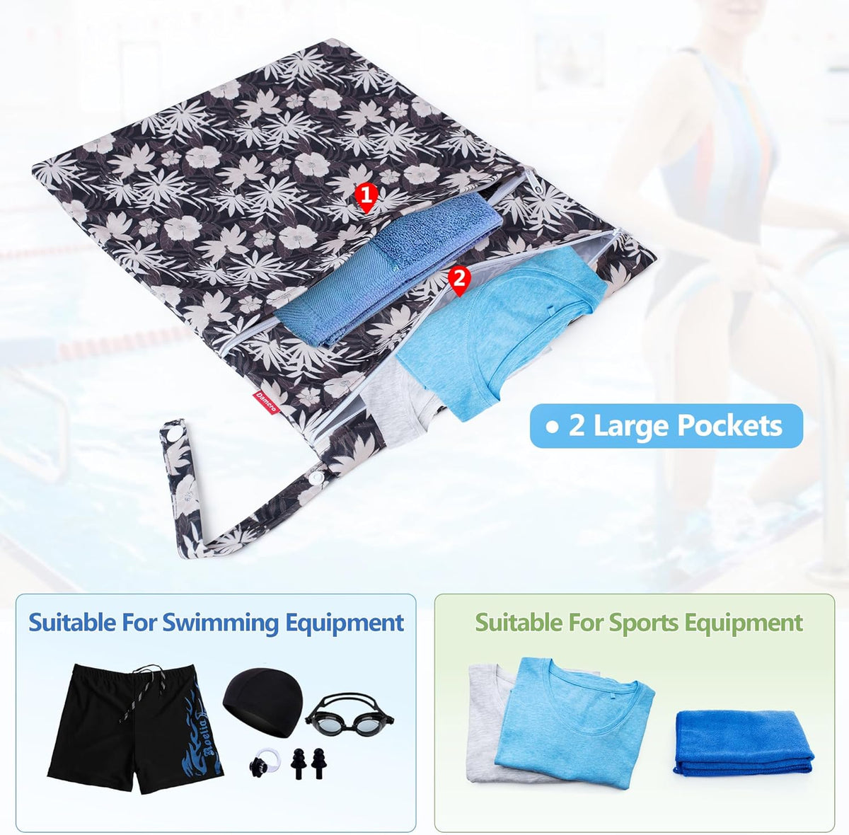 3 PCS Travel Laundry Bag, Reusable Wet Dry Bag, Washable Dirty Clothes Bag Bathing Suit Workout Bag for Gym Swimming Yoga Laundry Wet Clothes, Coffee Flowers