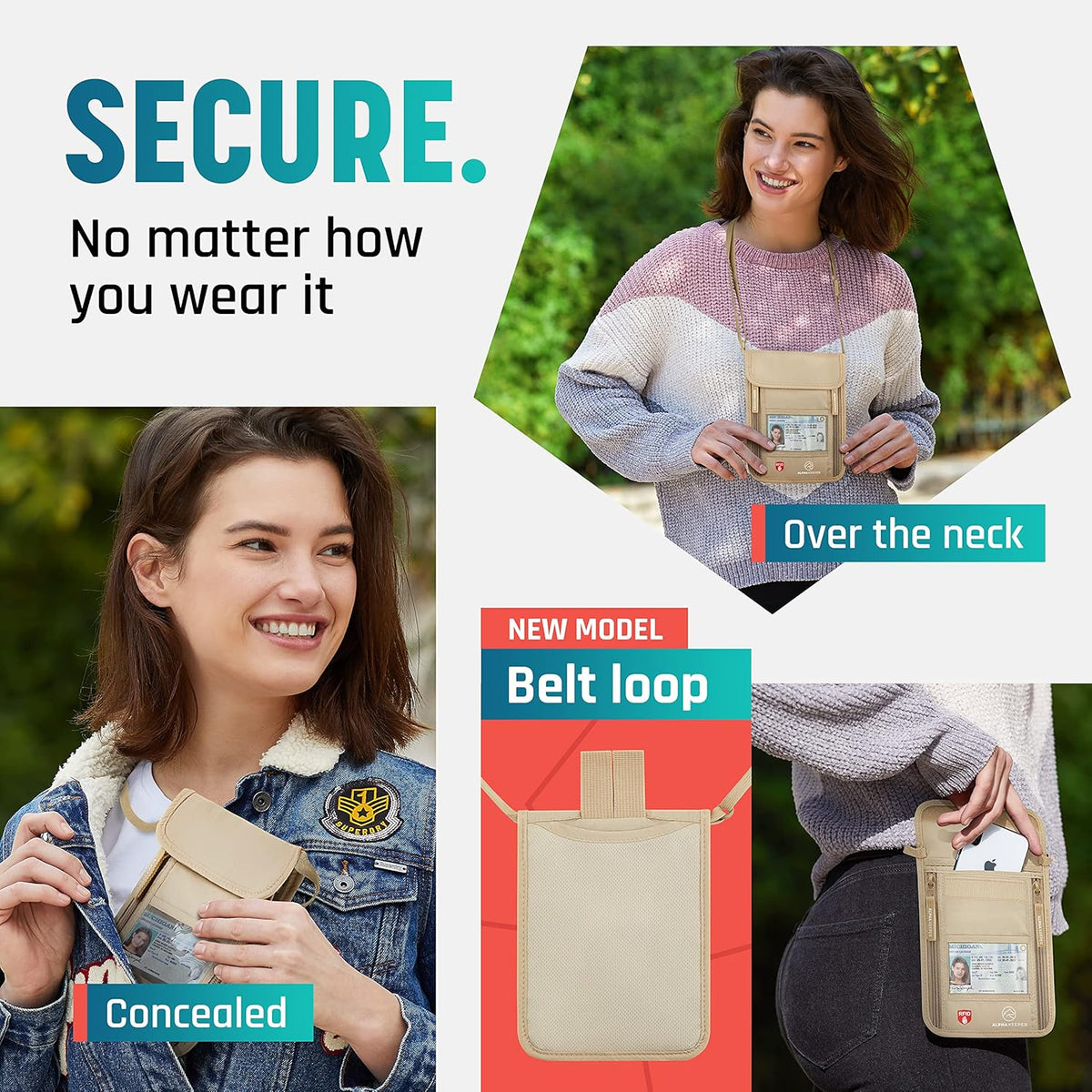 Neck Wallet, Travel Pouch For Passport Holder And Documents, RFID Blocking, Beige, Unisex Adult, Travelers, Adults