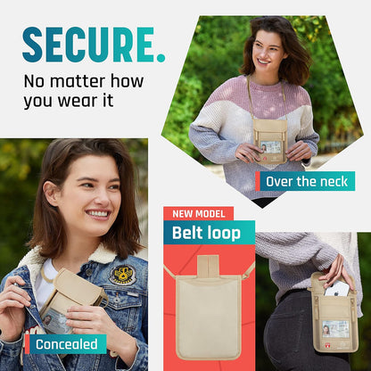 Neck Wallet, Travel Pouch For Passport Holder And Documents, RFID Blocking, Beige, Unisex Adult, Travelers, Adults