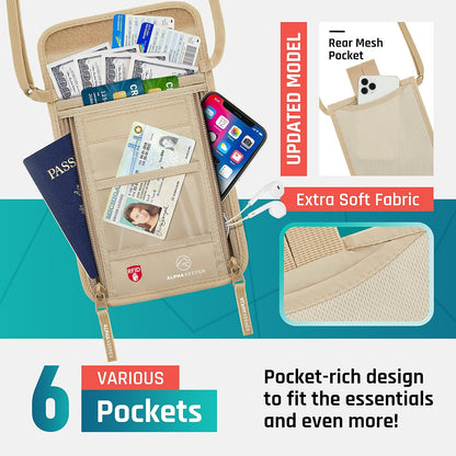 Neck Wallet, Travel Pouch For Passport Holder And Documents, RFID Blocking, Beige, Unisex Adult, Travelers, Adults