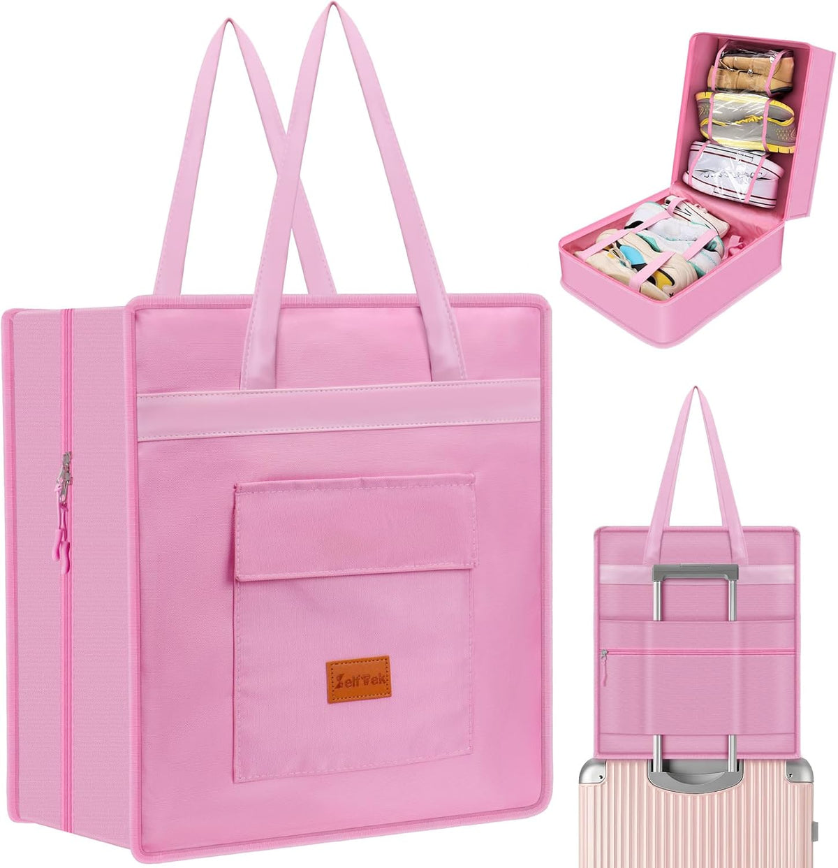 Shoe Bags for Travel with Handle, Waterproof Large-Capacity Family Travel Shoe Bag Organizer for Multiple Shoes, Shoe Travel Bags for Packing, Suitable for Luggage Handle (pink)