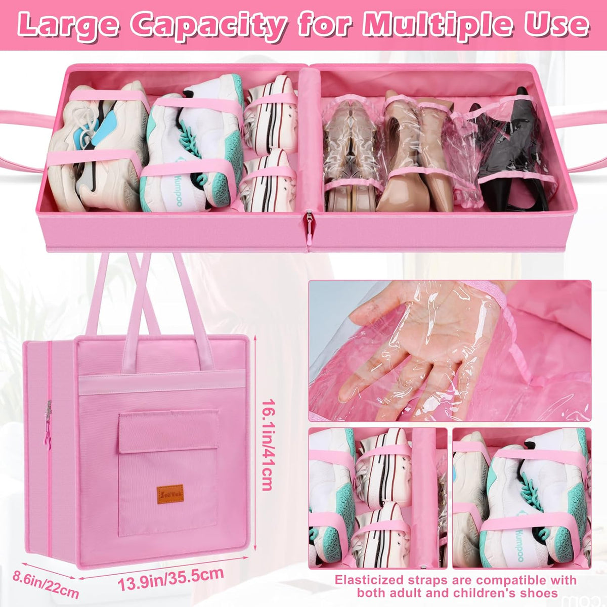 Shoe Bags for Travel with Handle, Waterproof Large-Capacity Family Travel Shoe Bag Organizer for Multiple Shoes, Shoe Travel Bags for Packing, Suitable for Luggage Handle (pink)