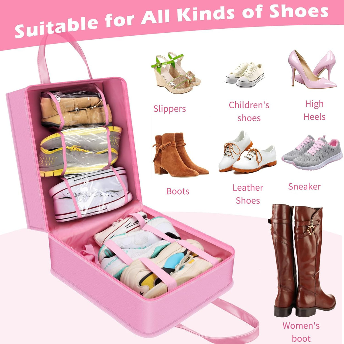 Shoe Bags for Travel with Handle, Waterproof Large-Capacity Family Travel Shoe Bag Organizer for Multiple Shoes, Shoe Travel Bags for Packing, Suitable for Luggage Handle (pink)