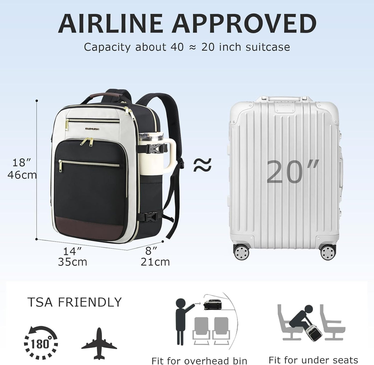 40L Travel Backpack for Women & Men, Airline Approved Carry On Backpack, TSA Personal Item Bag Waterproof, Overnight Weekender Essentials Backpacks for Business fits 17" Laptop, Dusty Pink