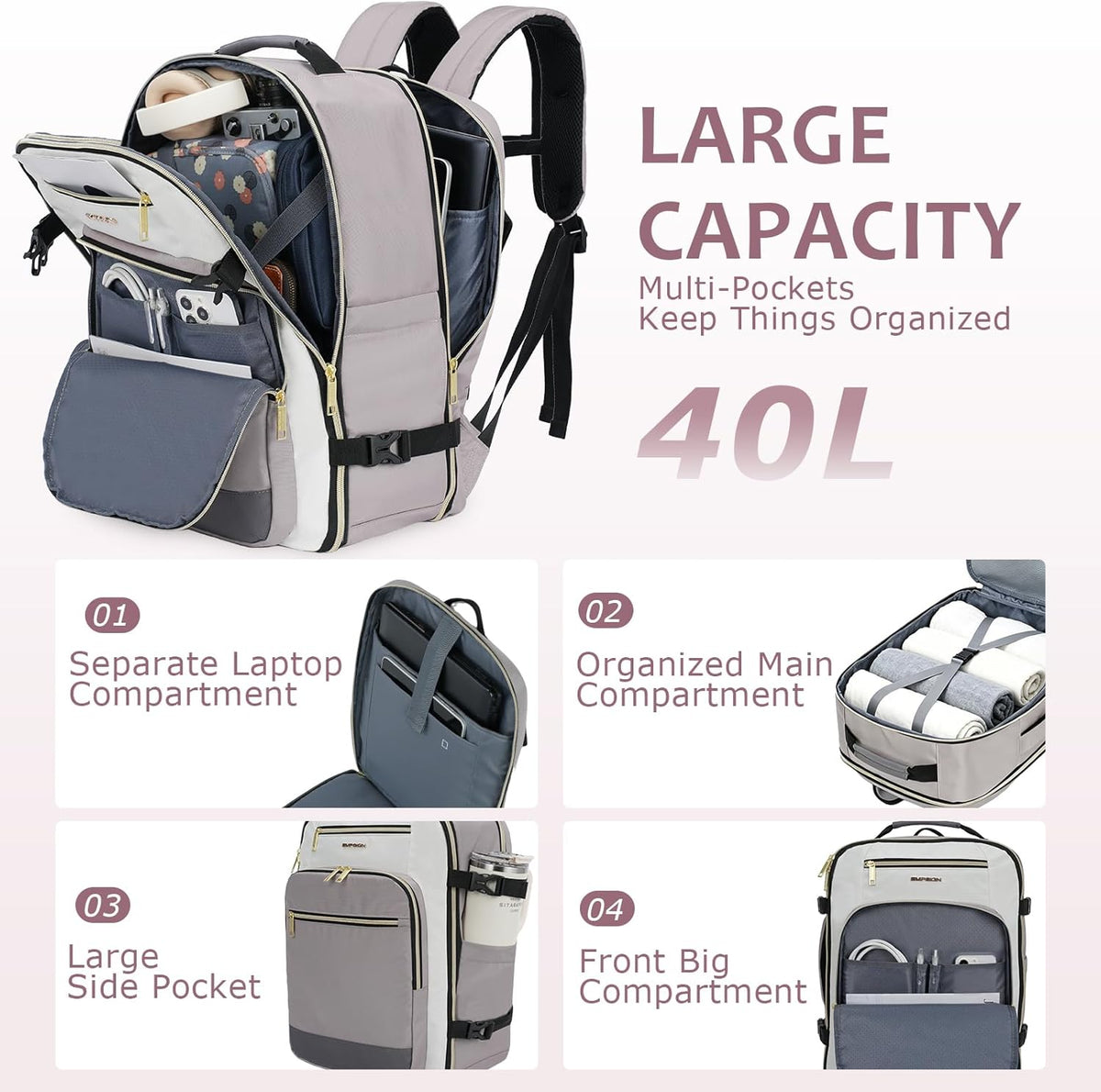 40L Travel Backpack for Women & Men, Airline Approved Carry On Backpack, TSA Personal Item Bag Waterproof, Overnight Weekender Essentials Backpacks for Business fits 17" Laptop, Dusty Pink