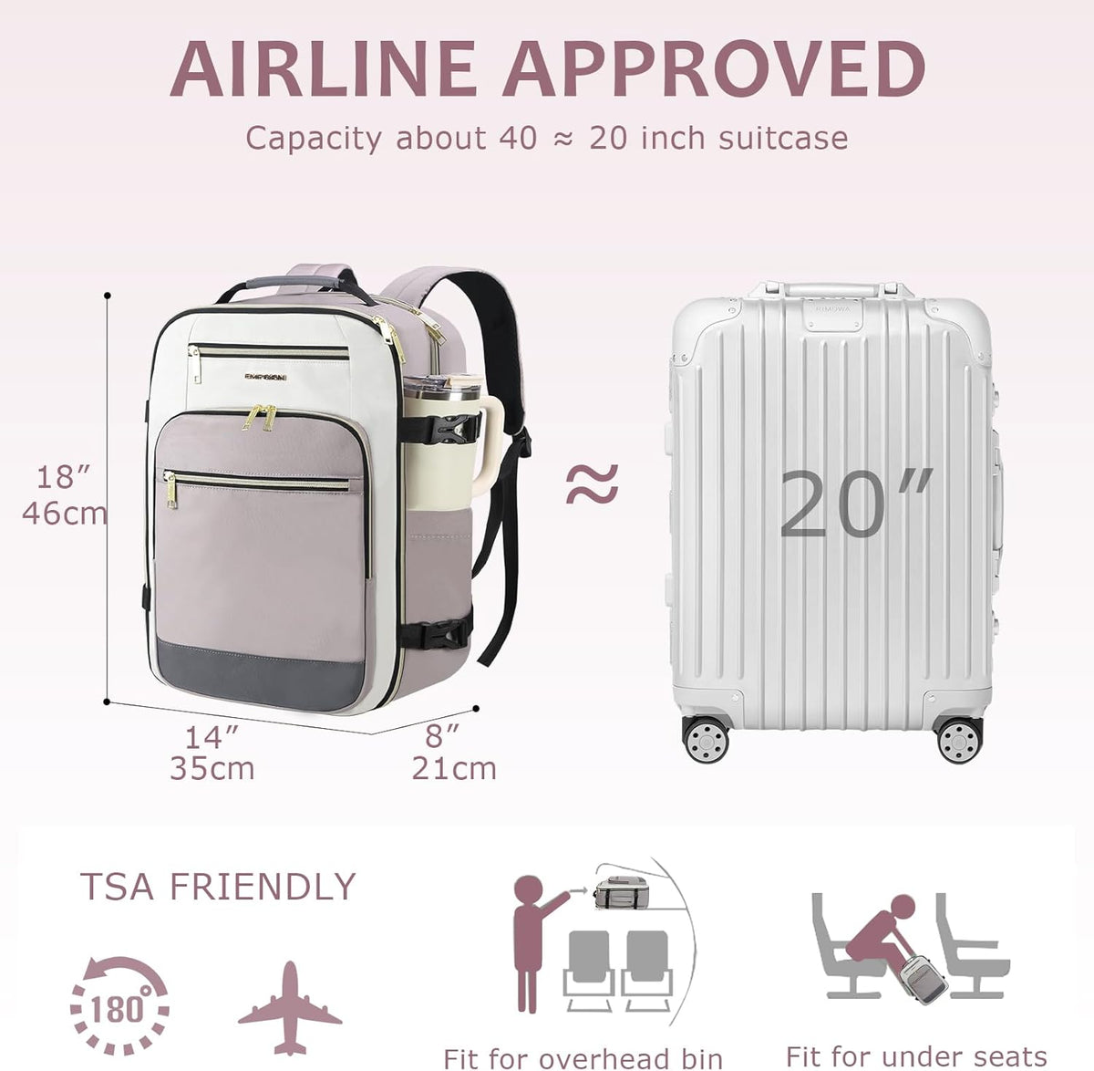 40L Travel Backpack for Women & Men, Airline Approved Carry On Backpack, TSA Personal Item Bag Waterproof, Overnight Weekender Essentials Backpacks for Business fits 17" Laptop, Dusty Pink