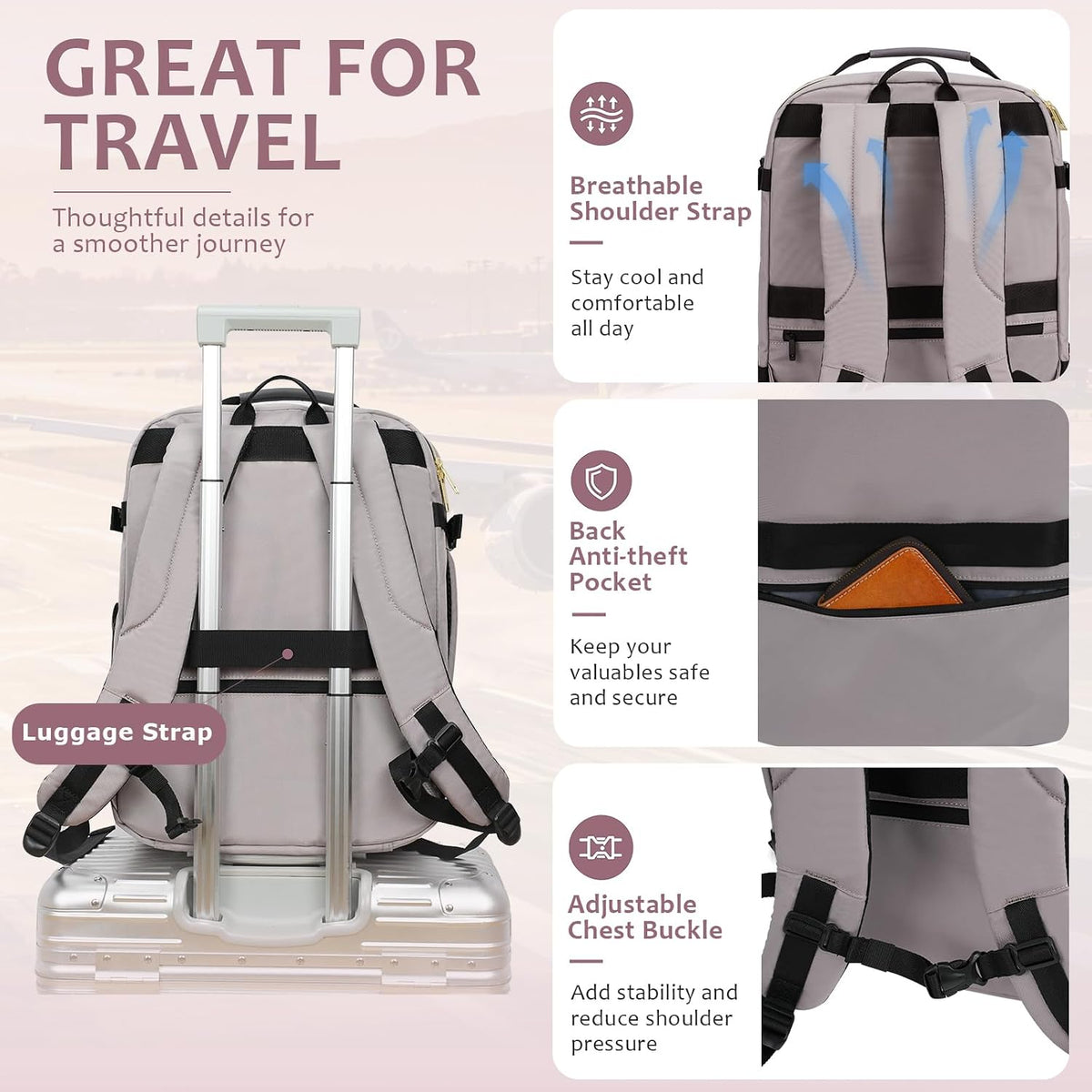 40L Travel Backpack for Women & Men, Airline Approved Carry On Backpack, TSA Personal Item Bag Waterproof, Overnight Weekender Essentials Backpacks for Business fits 17" Laptop, Dusty Pink