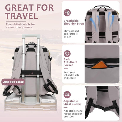 40L Travel Backpack for Women & Men, Airline Approved Carry On Backpack, TSA Personal Item Bag Waterproof, Overnight Weekender Essentials Backpacks for Business fits 17" Laptop, Dusty Pink