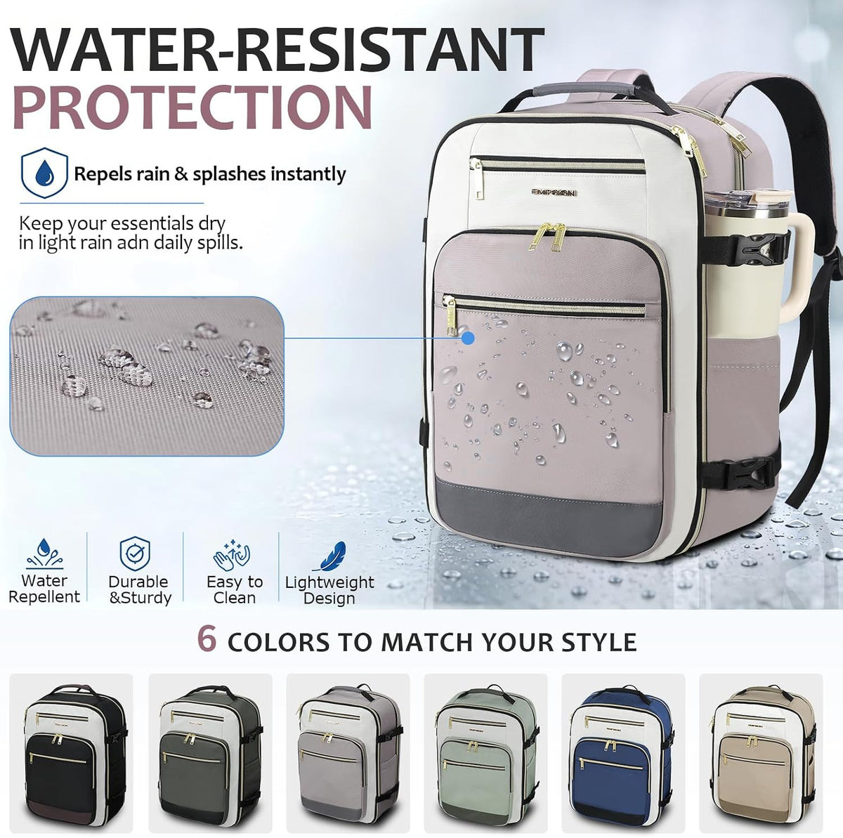 40L Travel Backpack for Women & Men, Airline Approved Carry On Backpack, TSA Personal Item Bag Waterproof, Overnight Weekender Essentials Backpacks for Business fits 17" Laptop, Dusty Pink