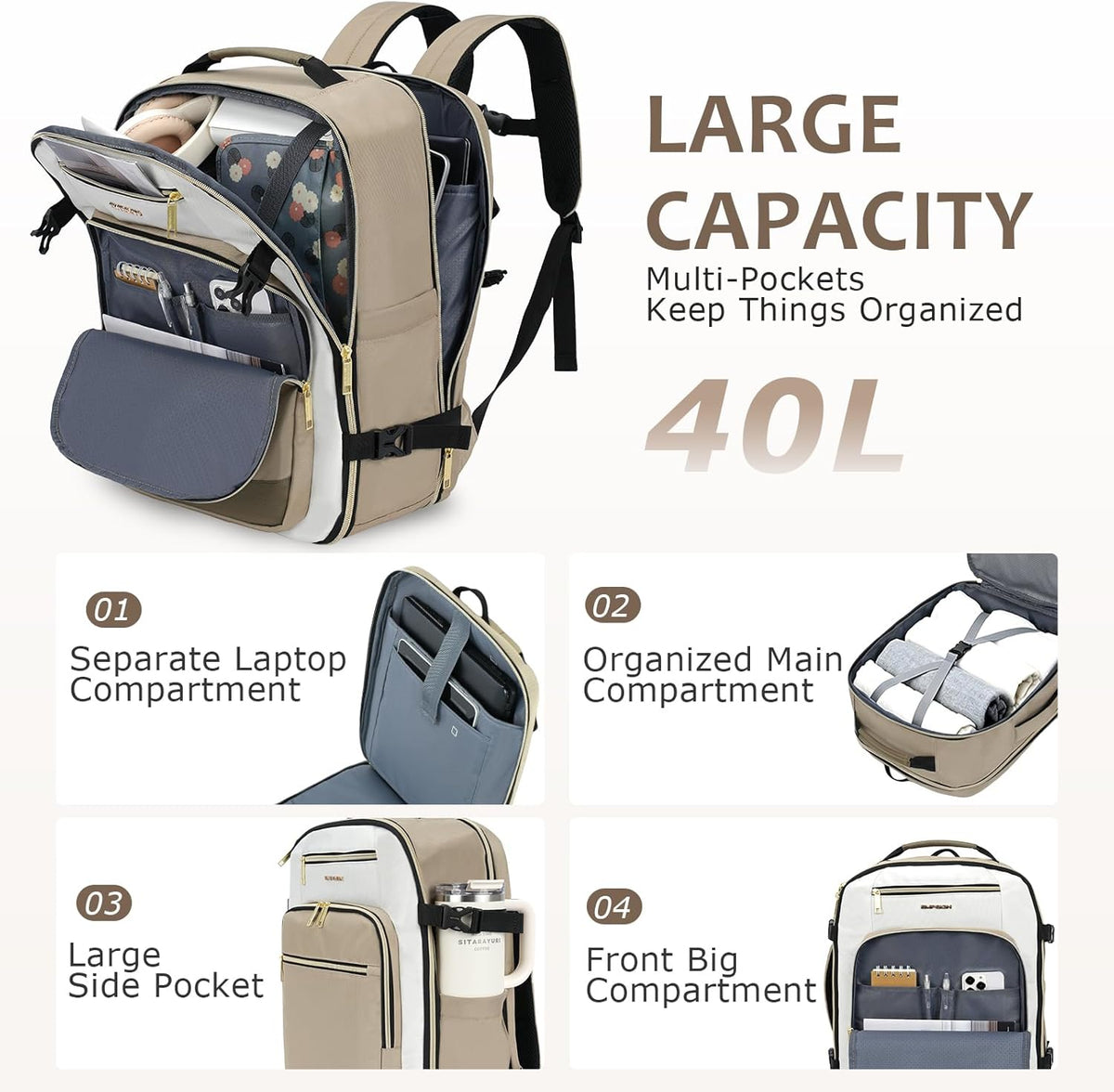 40L Travel Backpack for Women & Men, Airline Approved Carry On Backpack, TSA Personal Item Bag Waterproof, Overnight Weekender Essentials Backpacks for Business fits 17" Laptop, Dusty Pink