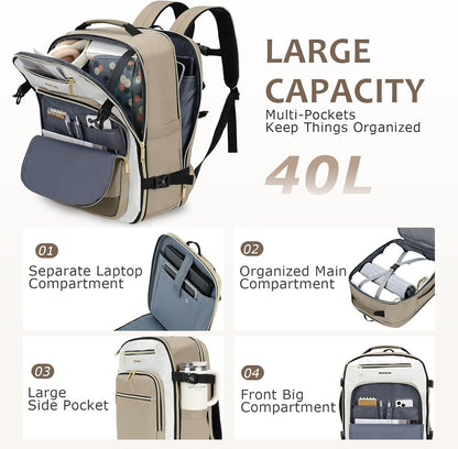 40L Travel Backpack for Women & Men, Airline Approved Carry On Backpack, TSA Personal Item Bag Waterproof, Overnight Weekender Essentials Backpacks for Business fits 17" Laptop, Dusty Pink