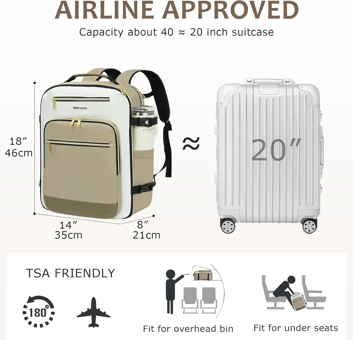 40L Travel Backpack for Women & Men, Airline Approved Carry On Backpack, TSA Personal Item Bag Waterproof, Overnight Weekender Essentials Backpacks for Business fits 17" Laptop, Dusty Pink