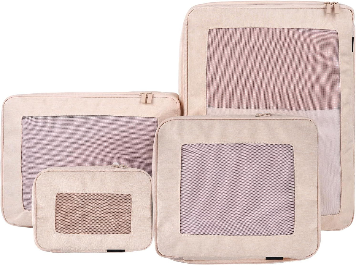 Compression Packing Cubes for Travel, 4-Pack Luggage Organizer Bags with Double Zipper, Breathable Mesh & Nylon Twill, Grey Suitcase Organizers for Efficient Packing(Beige)