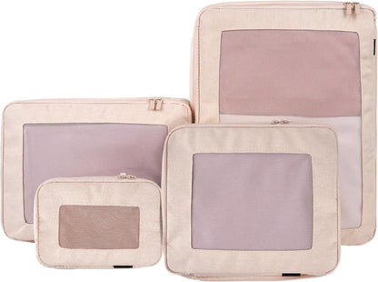Compression Packing Cubes for Travel, 4-Pack Luggage Organizer Bags with Double Zipper, Breathable Mesh & Nylon Twill, Grey Suitcase Organizers for Efficient Packing(Beige)