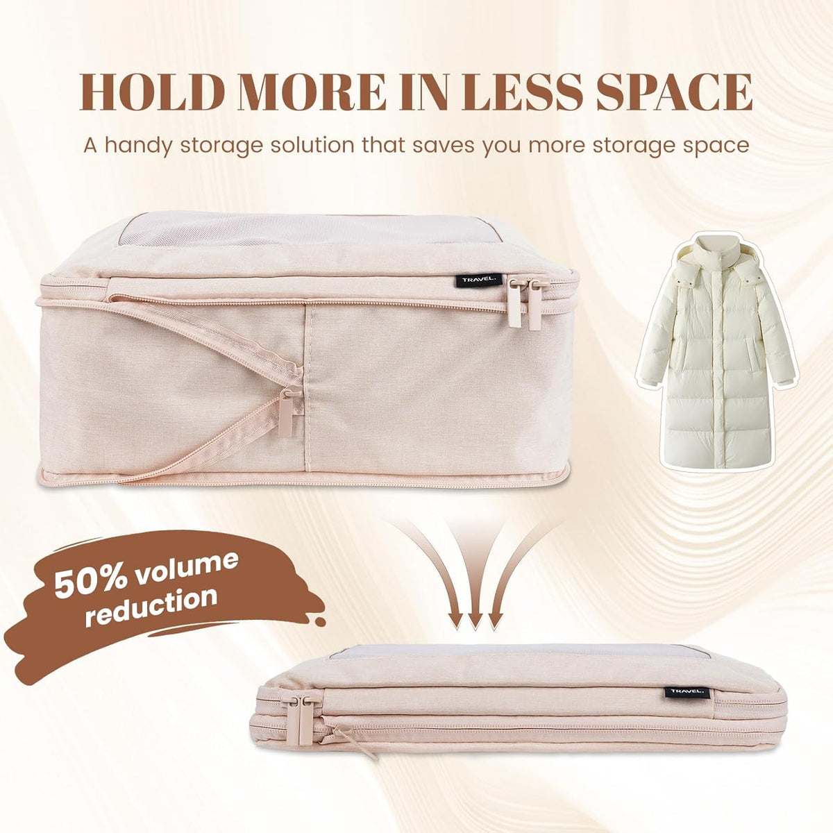 Compression Packing Cubes for Travel, 4-Pack Luggage Organizer Bags with Double Zipper, Breathable Mesh & Nylon Twill, Grey Suitcase Organizers for Efficient Packing(Beige)