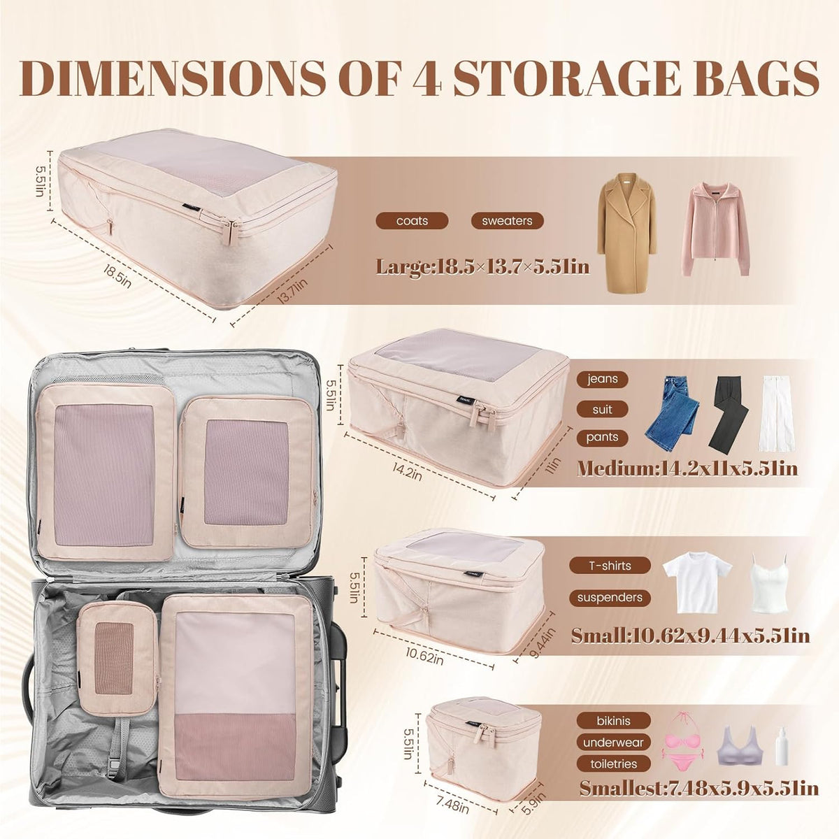 Compression Packing Cubes for Travel, 4-Pack Luggage Organizer Bags with Double Zipper, Breathable Mesh & Nylon Twill, Grey Suitcase Organizers for Efficient Packing(Beige)
