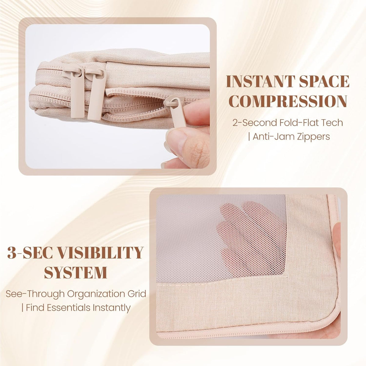 Compression Packing Cubes for Travel, 4-Pack Luggage Organizer Bags with Double Zipper, Breathable Mesh & Nylon Twill, Grey Suitcase Organizers for Efficient Packing(Beige)