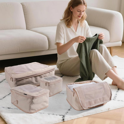 Compression Packing Cubes for Travel, 4-Pack Luggage Organizer Bags with Double Zipper, Breathable Mesh & Nylon Twill, Grey Suitcase Organizers for Efficient Packing(Beige)