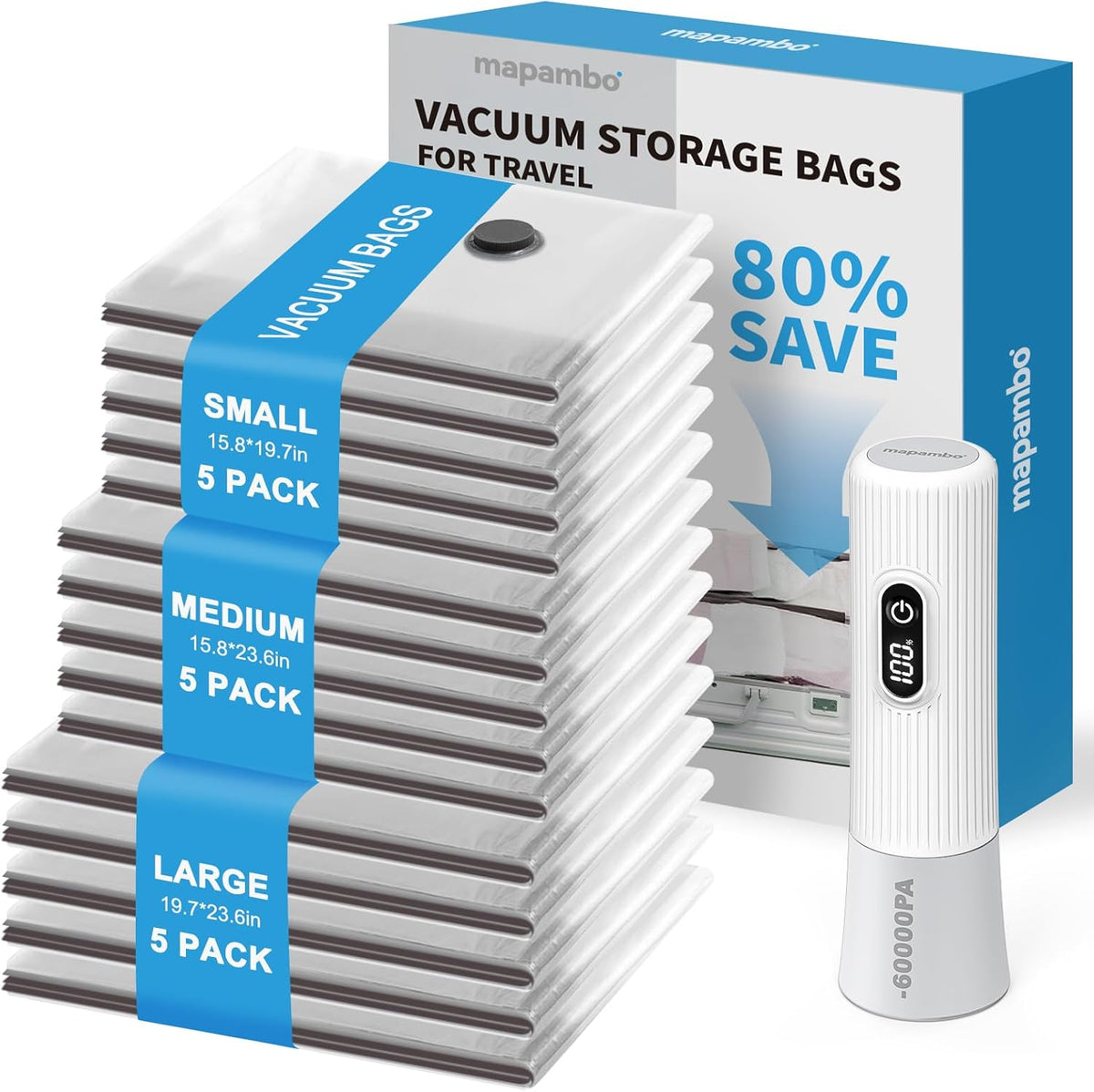 Vacuum Seal Bags for Clothing Travel with -60000Pa LED Pump, 15 Pack Travel Cordless Vacuums Bag Set with Pump in 3 Combo Sizes. Vacuums Storage Bags for Clothes (15 Combo)
