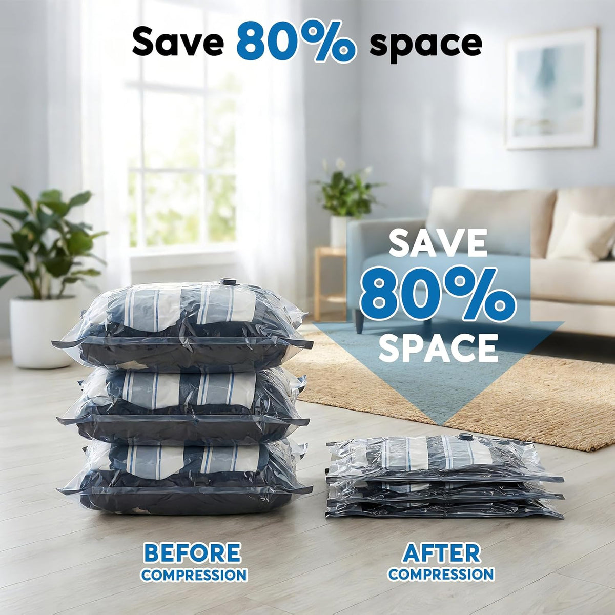 Vacuum Seal Bags for Clothing Travel with -60000Pa LED Pump, 15 Pack Travel Cordless Vacuums Bag Set with Pump in 3 Combo Sizes. Vacuums Storage Bags for Clothes (15 Combo)