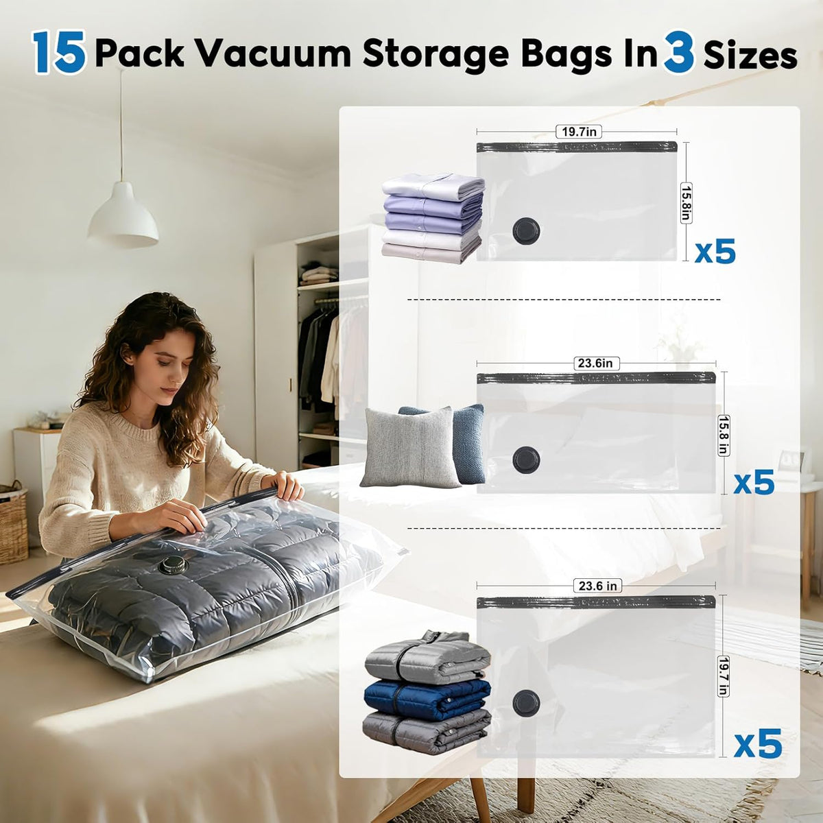 Vacuum Seal Bags for Clothing Travel with -60000Pa LED Pump, 15 Pack Travel Cordless Vacuums Bag Set with Pump in 3 Combo Sizes. Vacuums Storage Bags for Clothes (15 Combo)