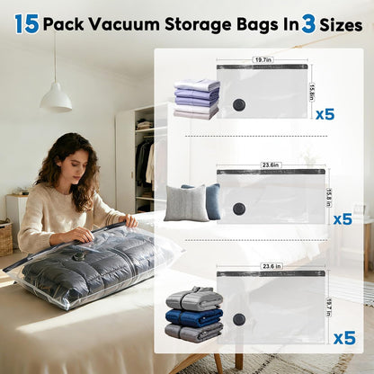 Vacuum Seal Bags for Clothing Travel with -60000Pa LED Pump, 15 Pack Travel Cordless Vacuums Bag Set with Pump in 3 Combo Sizes. Vacuums Storage Bags for Clothes (15 Combo)