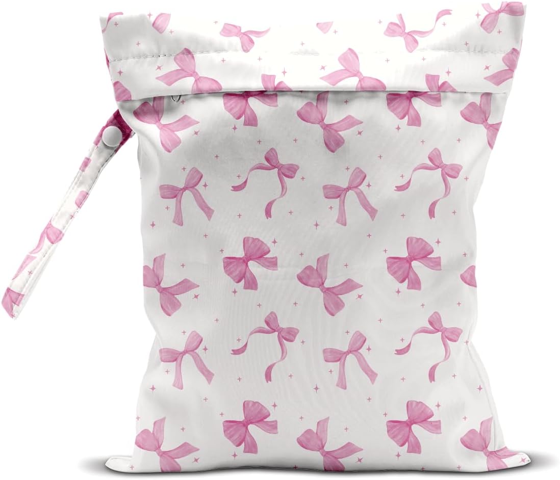 Pink Bow Wet Bag for Swimsuit Travel Beach Pool Baby Cloth Diapers | Waterproof Wet Dry Bag,Travel Laundry Bags for Dirty Yoga Gym Clothes,Beach Vacation Essentials,Summer Gifts for Women Men