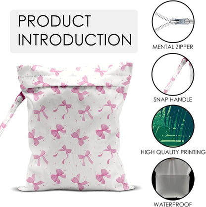 Pink Bow Wet Bag for Swimsuit Travel Beach Pool Baby Cloth Diapers | Waterproof Wet Dry Bag,Travel Laundry Bags for Dirty Yoga Gym Clothes,Beach Vacation Essentials,Summer Gifts for Women Men