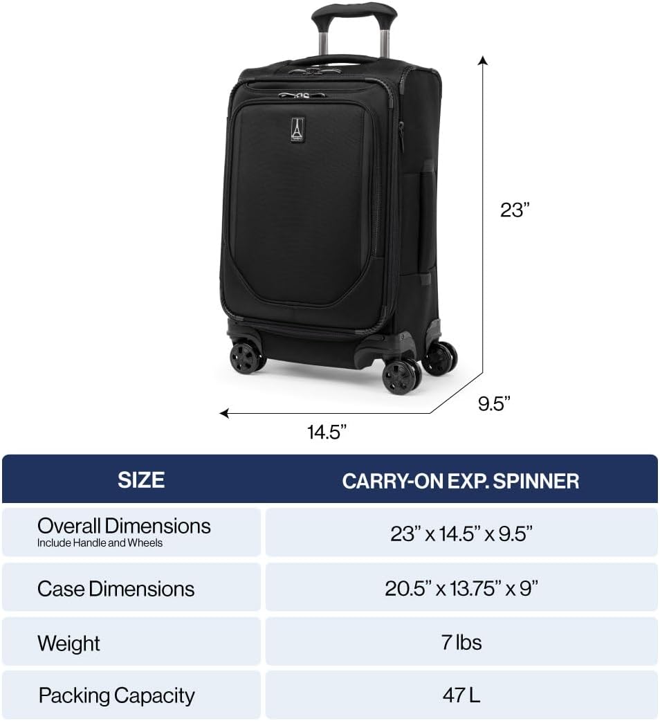 Crew Classic Lightweight Softside Expandable Carry on Luggage, 8 Wheel Spinner Suitcase, Men and Women, Carry On 21-Inch, Black