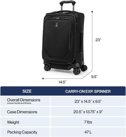 Crew Classic Lightweight Softside Expandable Carry on Luggage, 8 Wheel Spinner Suitcase, Men and Women, Carry On 21-Inch, Black