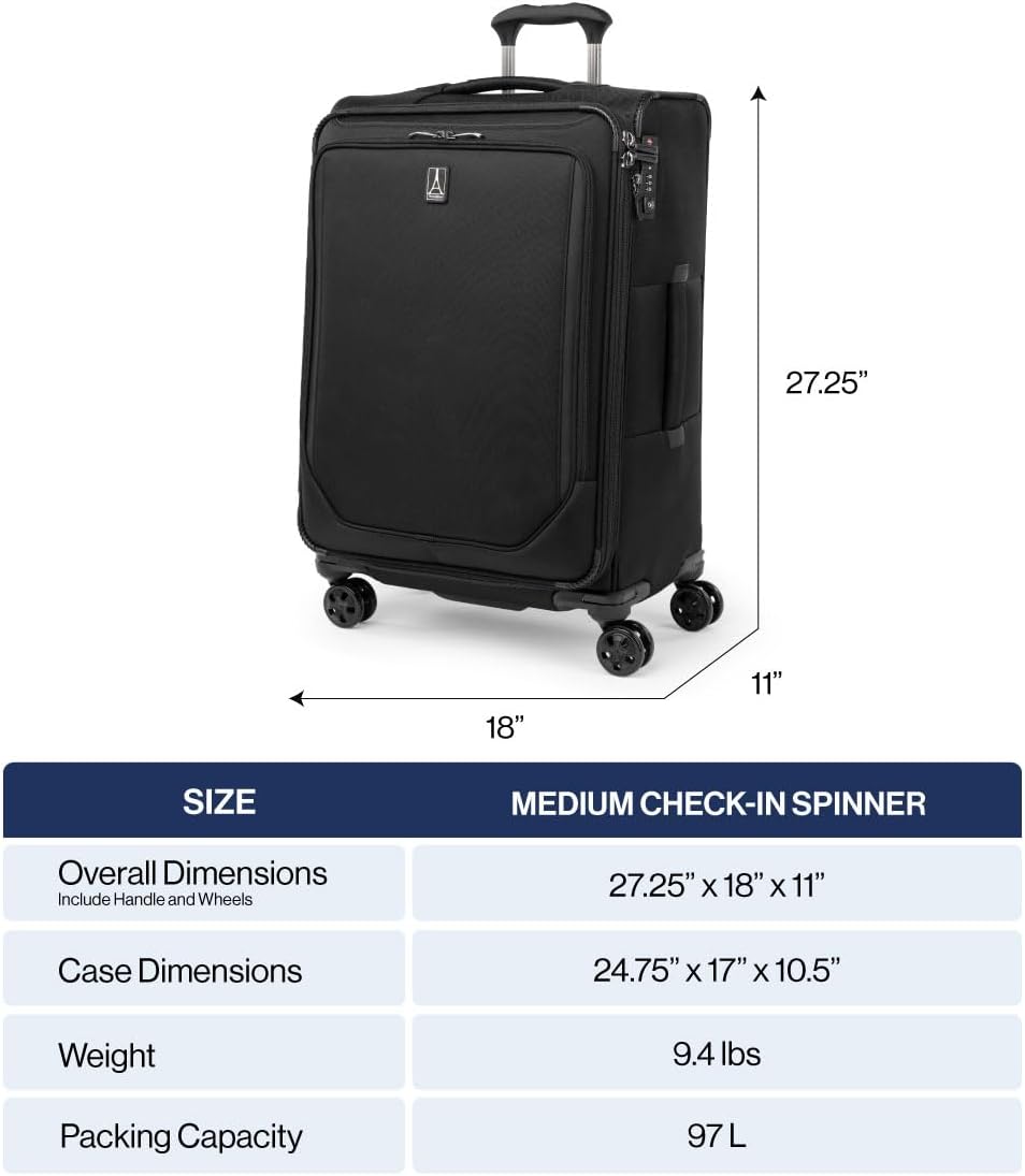 Crew Classic Lightweight Softside Expandable Carry on Luggage, 8 Wheel Spinner Suitcase, Men and Women, Carry On 21-Inch, Black