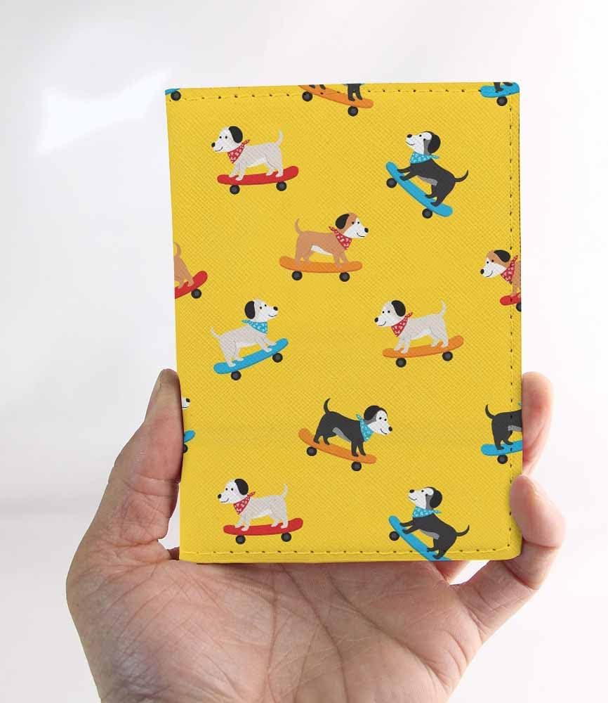 Skateboard Dogs Passport Holder for Travel Different Dogs Wearing Scarves PU Leather Passport Cover Wallet Cute Passport Card Holder for Women and Men