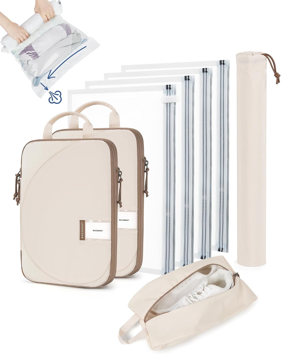8 Pcs Compression Packing Cubes, Travel Packing Cubes with 4 Pack Vacuum Storage Bags for Women, Travel Essentials, Hand-rolled Space Saver Bags, Beige
