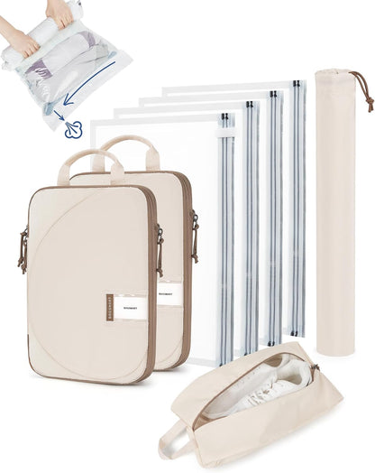 8 Pcs Compression Packing Cubes, Travel Packing Cubes with 4 Pack Vacuum Storage Bags for Women, Travel Essentials, Hand-rolled Space Saver Bags, Beige