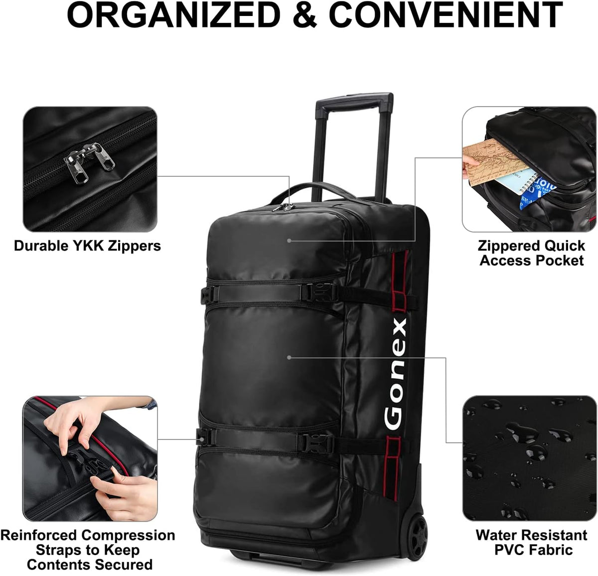 Waterproof Underseat Carry on Luggage with Wheels, 16 inch PVC Small Wheeled Travel Luggage for Airline, Rolling Overnight Weekender Suitcase for Men Women 30L, Black