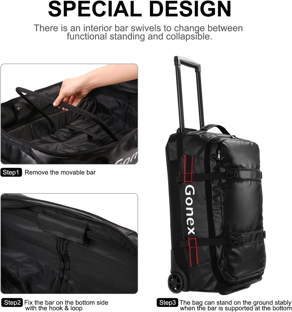 Waterproof Underseat Carry on Luggage with Wheels, 16 inch PVC Small Wheeled Travel Luggage for Airline, Rolling Overnight Weekender Suitcase for Men Women 30L, Black