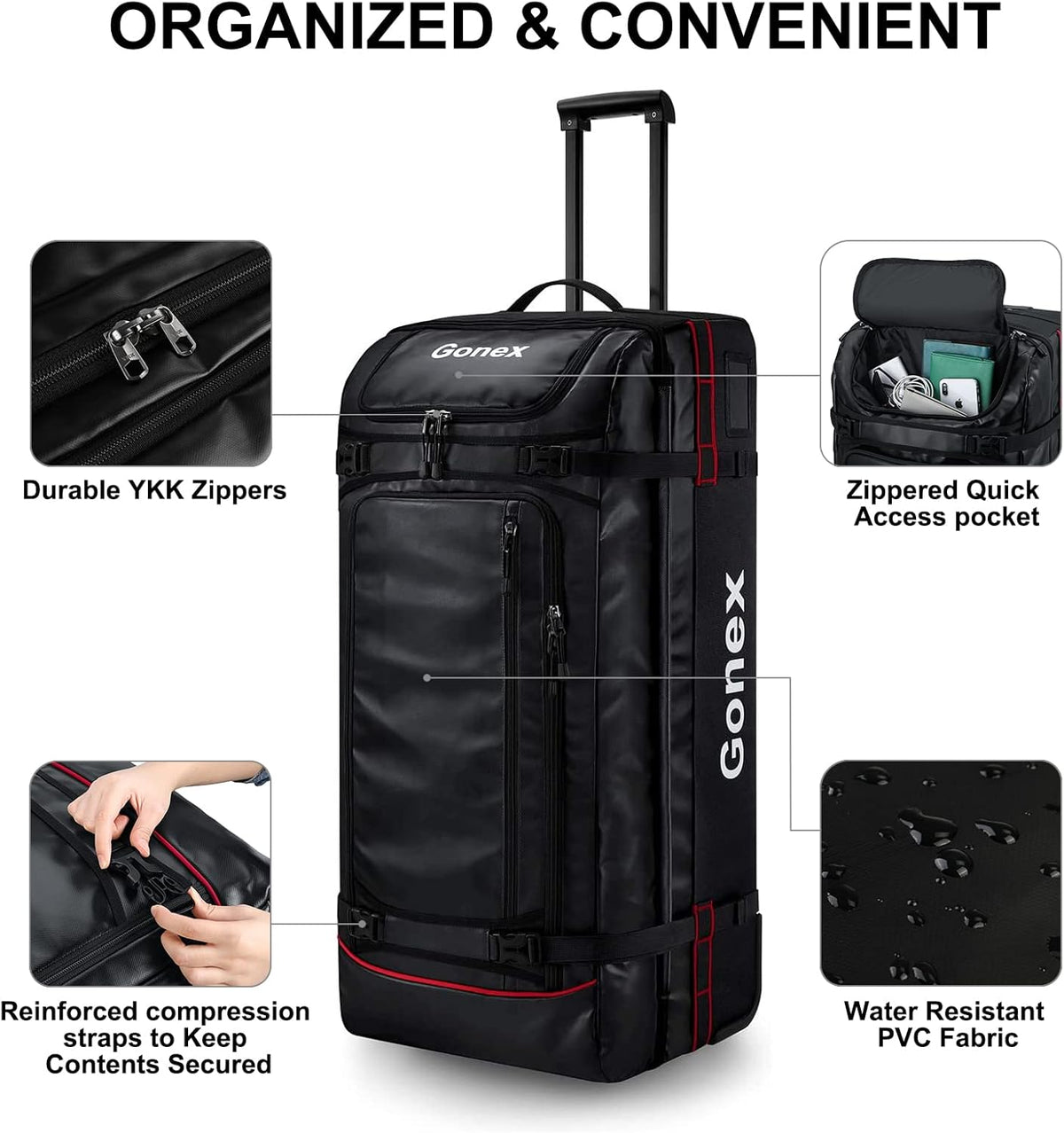 Waterproof Underseat Carry on Luggage with Wheels, 16 inch PVC Small Wheeled Travel Luggage for Airline, Rolling Overnight Weekender Suitcase for Men Women 30L, Black