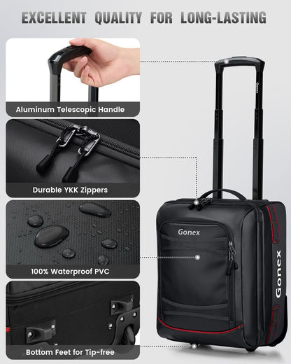 Waterproof Underseat Carry on Luggage with Wheels, 16 inch PVC Small Wheeled Travel Luggage for Airline, Rolling Overnight Weekender Suitcase for Men Women 30L, Black