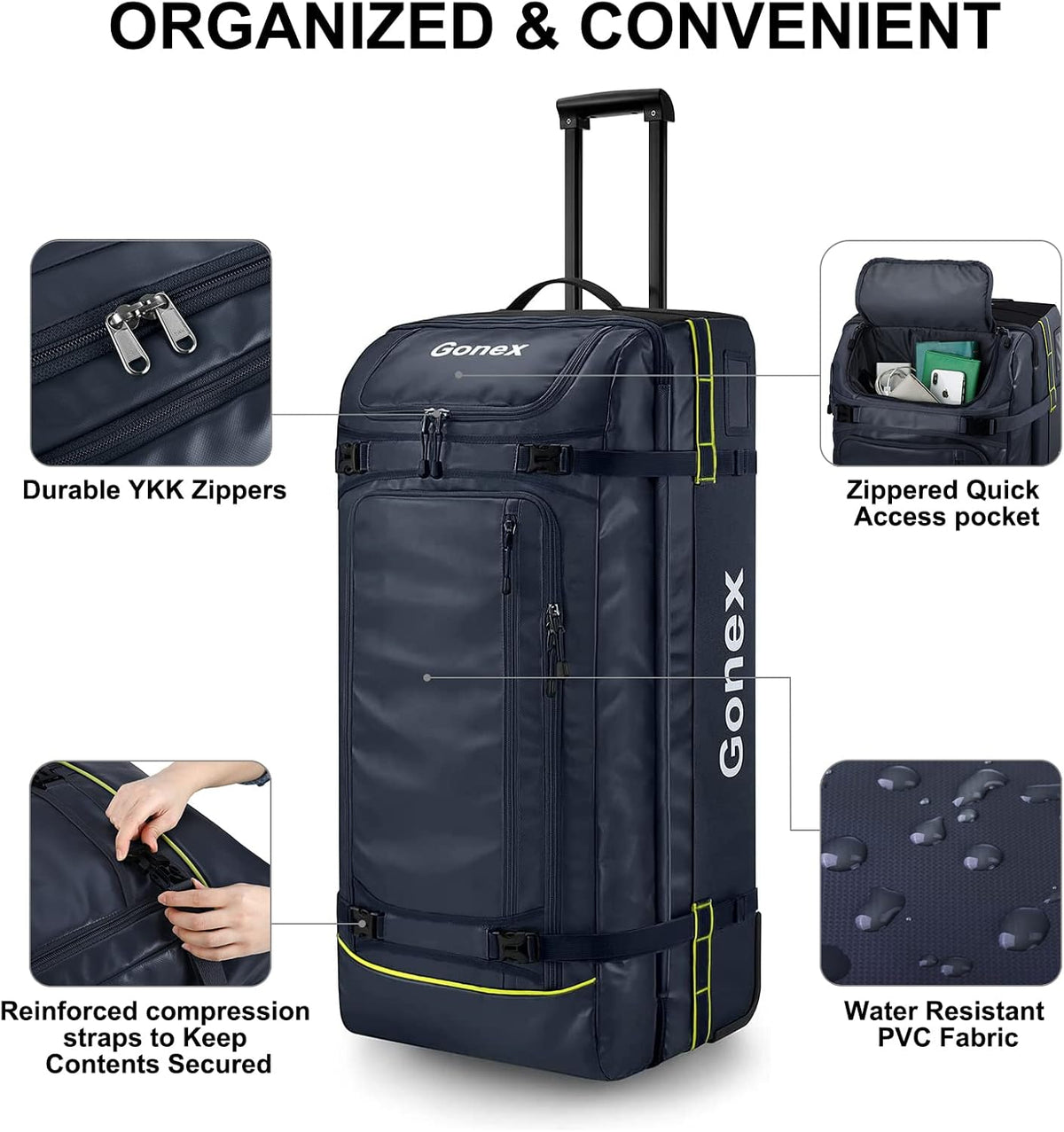 Waterproof Underseat Carry on Luggage with Wheels, 16 inch PVC Small Wheeled Travel Luggage for Airline, Rolling Overnight Weekender Suitcase for Men Women 30L, Black