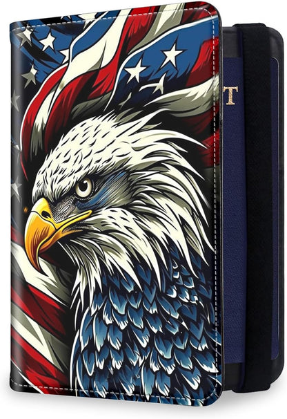 RFID Security Premium Passport and Travel Document Holder Combo, Slim PU Leather Folio Wallet with 3 Card Slots & Boarding Pass Pocket, Secure Elastic Closure Organizer, Black Crow Full Moon
