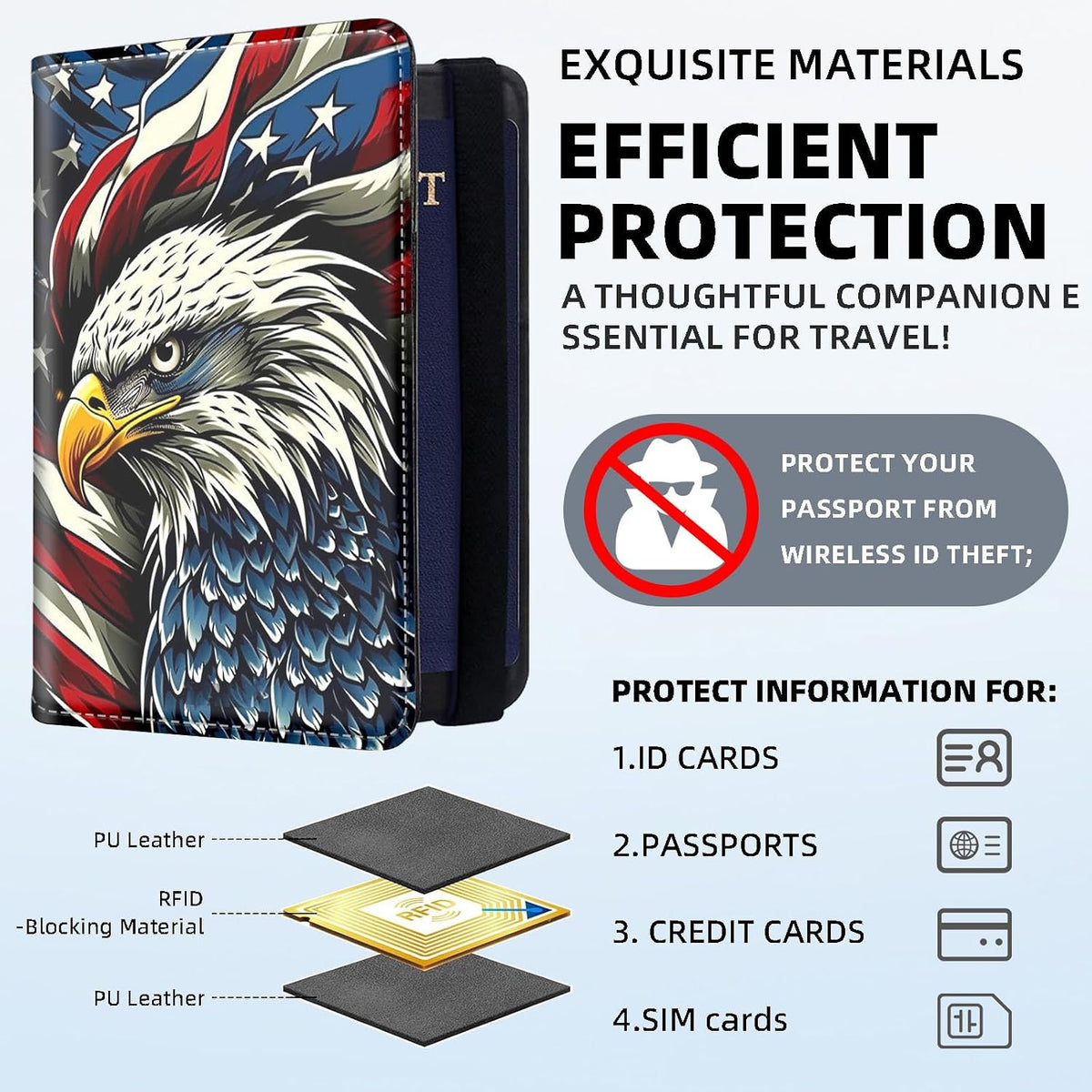 RFID Security Premium Passport and Travel Document Holder Combo, Slim PU Leather Folio Wallet with 3 Card Slots & Boarding Pass Pocket, Secure Elastic Closure Organizer, Black Crow Full Moon