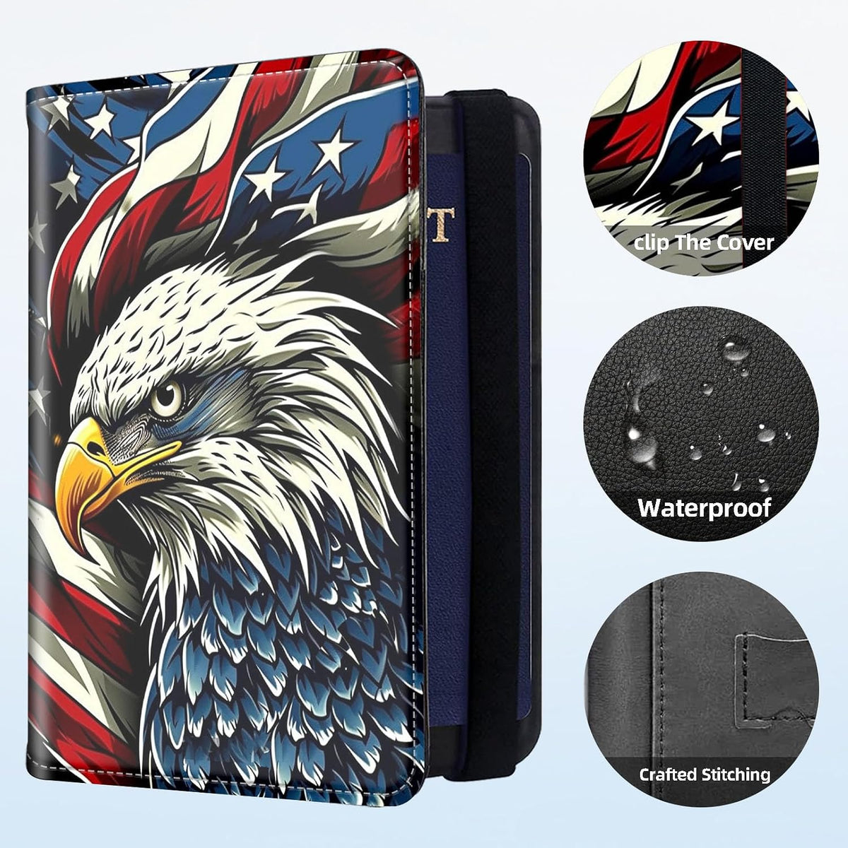 RFID Security Premium Passport and Travel Document Holder Combo, Slim PU Leather Folio Wallet with 3 Card Slots & Boarding Pass Pocket, Secure Elastic Closure Organizer, Black Crow Full Moon
