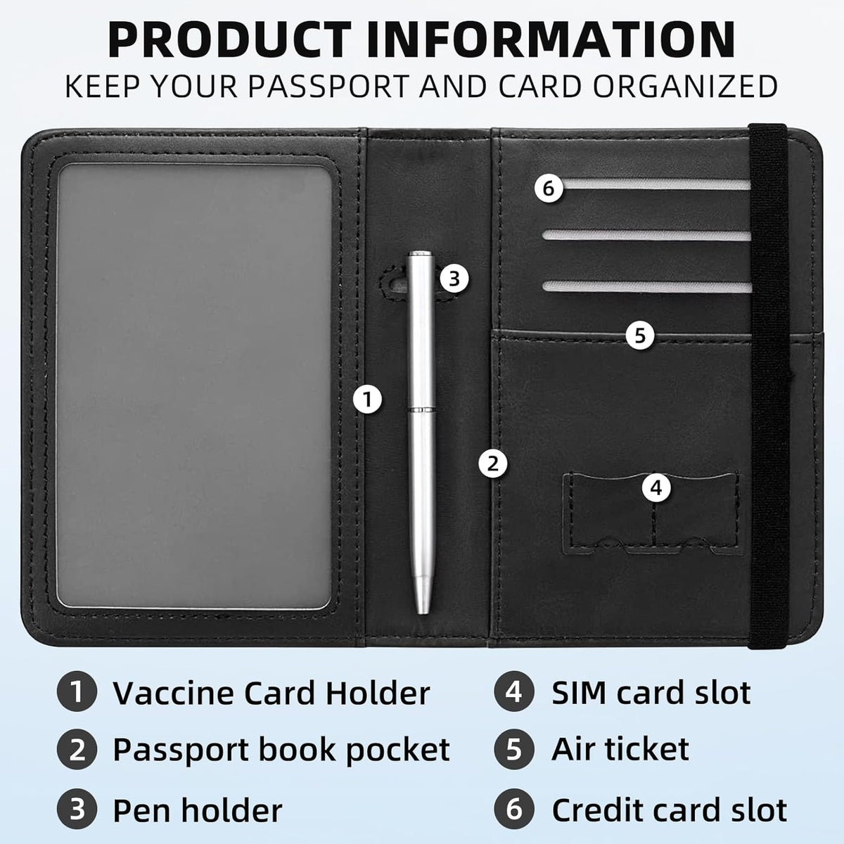 RFID Security Premium Passport and Travel Document Holder Combo, Slim PU Leather Folio Wallet with 3 Card Slots & Boarding Pass Pocket, Secure Elastic Closure Organizer, Black Crow Full Moon