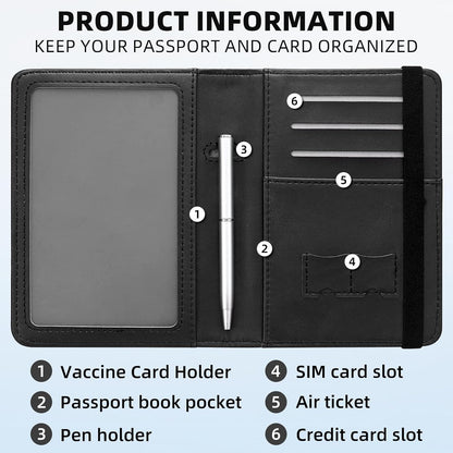 RFID Security Premium Passport and Travel Document Holder Combo, Slim PU Leather Folio Wallet with 3 Card Slots & Boarding Pass Pocket, Secure Elastic Closure Organizer, Black Crow Full Moon