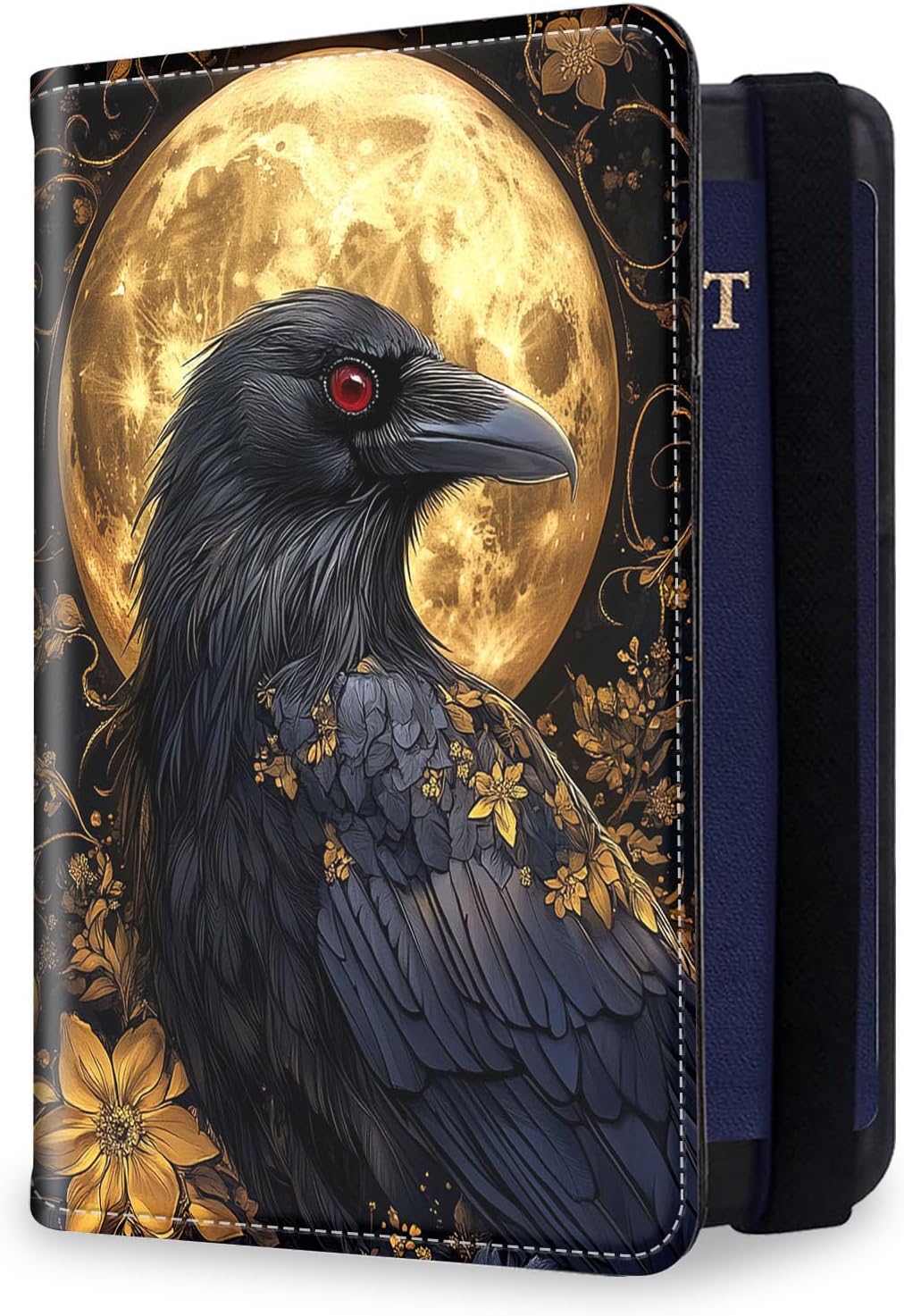 RFID Security Premium Passport and Travel Document Holder Combo, Slim PU Leather Folio Wallet with 3 Card Slots & Boarding Pass Pocket, Secure Elastic Closure Organizer, Black Crow Full Moon