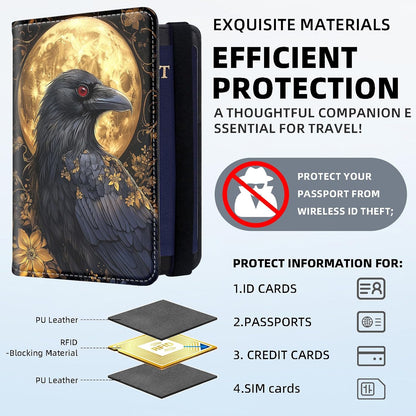 RFID Security Premium Passport and Travel Document Holder Combo, Slim PU Leather Folio Wallet with 3 Card Slots & Boarding Pass Pocket, Secure Elastic Closure Organizer, Black Crow Full Moon