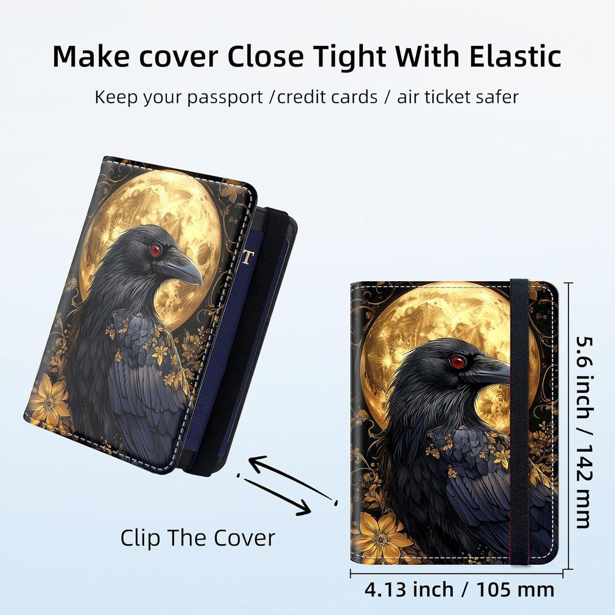 RFID Security Premium Passport and Travel Document Holder Combo, Slim PU Leather Folio Wallet with 3 Card Slots & Boarding Pass Pocket, Secure Elastic Closure Organizer, Black Crow Full Moon