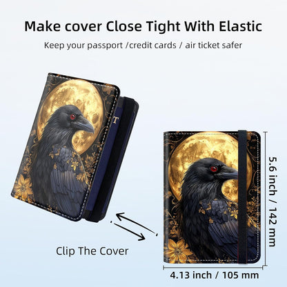 RFID Security Premium Passport and Travel Document Holder Combo, Slim PU Leather Folio Wallet with 3 Card Slots & Boarding Pass Pocket, Secure Elastic Closure Organizer, Black Crow Full Moon