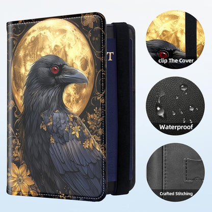 RFID Security Premium Passport and Travel Document Holder Combo, Slim PU Leather Folio Wallet with 3 Card Slots & Boarding Pass Pocket, Secure Elastic Closure Organizer, Black Crow Full Moon