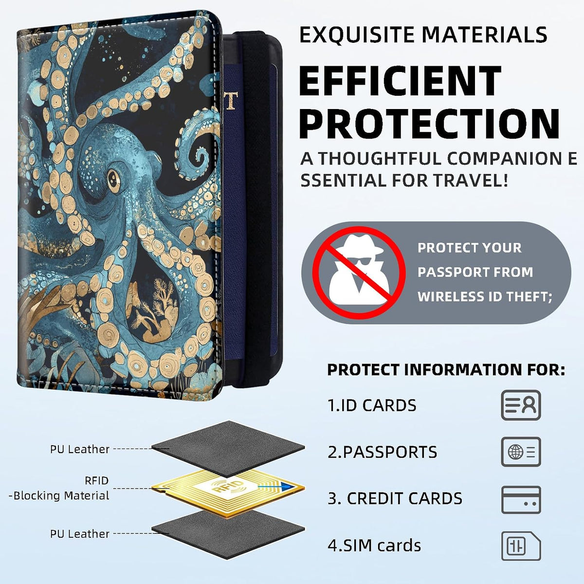 RFID Security Premium Passport and Travel Document Holder Combo, Slim PU Leather Folio Wallet with 3 Card Slots & Boarding Pass Pocket, Secure Elastic Closure Organizer, Black Crow Full Moon